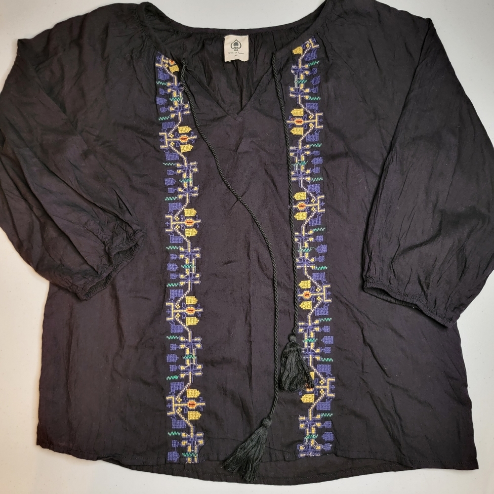 Spade & Heart boho embroidered black tassle tie top, size Medium